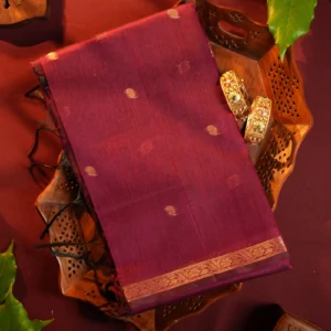 Rani purple silk cotton saree with golden zari buttas and brown zari border