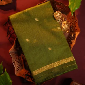 Leaf green silk cotton saree with golden zari buttas and golden zari border