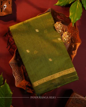 Leaf green silk cotton saree with golden zari buttas and golden zari border