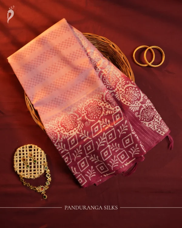 Magenta Pink Tussar Silk Saree with Embossed Geometric Design Magenta pink Tussar silk saree with embossed geometric design and floral patterned border