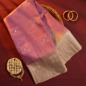 Mauve lilac Tussar silk saree with geometric thread work and taupe grey border