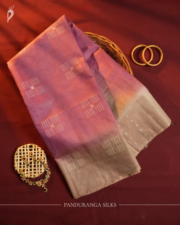 Mauve Lilac Tussar Silk Saree with Geometric Thread Work Design Mauve lilac Tussar silk saree with geometric thread work and taupe grey border