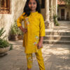 Mustard yellow girls' kurti set with colourful embroidered motifs on the kurti and pants. Mustard yellow girls' kurti set with colourful embroidered motifs on the kurti and pants.