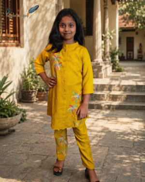 Mustard yellow girls' kurti set with colourful embroidered motifs on the kurti and pants.