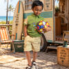 Olive green T-shirt for boys and beige shorts set with colourful graphic prints and a collared shirt.