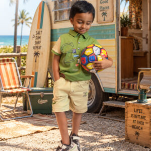 Olive green T-shirt for boys and beige shorts set with colourful graphic prints and a collared shirt.