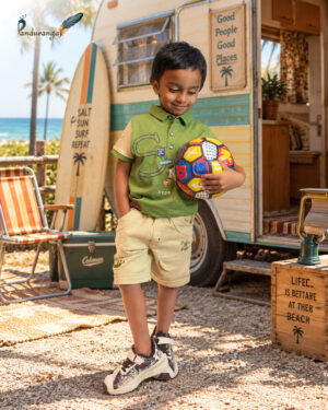 Olive green T-shirt for boys and beige shorts set with colourful graphic prints and a collared shirt.
