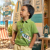 Olive green T-shirt for boys and beige shorts set Olive green T-shirt for boys and beige shorts set with colourful graphic prints and a collared shirt.
